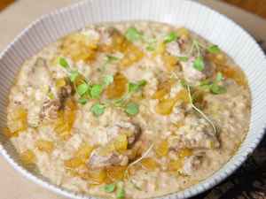 Risoto File e Gorgonzola e Pera Caramelizada